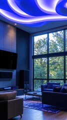Modern Living Room with Large Windows, TV, and Blue Light Waves - High-Tech Home Entertainment Concept