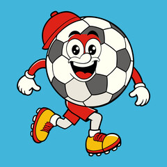 soccer groovy style cute cartoon character with face, arms and legs, vector illustration