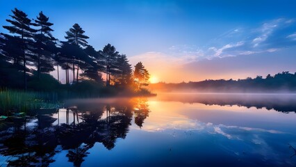 Fototapeta premium A quiet, misty lake at dawn, where the warm colors of the rising sun into the deep blue of the early morning sky, with the reflections on the water creating a serene and moody atmosphere