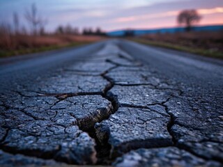 Obraz premium Close up of cracked asphalt road with a blurred background of a sunset and trees.
