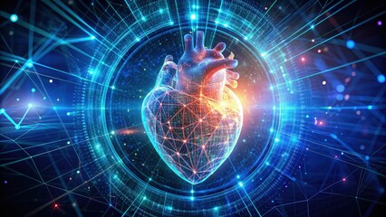 Fototapeta premium Digital art concept of health and science, featuring an animated heart composed of glowing blue and red lines and particles, surrounded by futuristic data visualizations and abstract geometric shapes