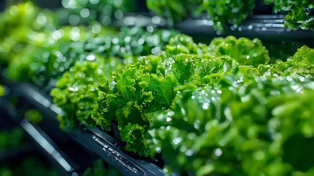 Dew-covered green lettuce leaves growing in a fresh, vibrant hydroponic farm setting