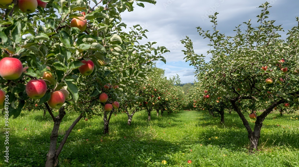 Poster 127. **a view of a large apple orchard with trees full of ripe apples.