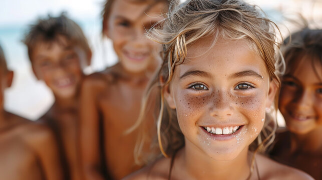 Portrait Of Multi-Cultural Children Hanging Out With Friends In The Countryside Together