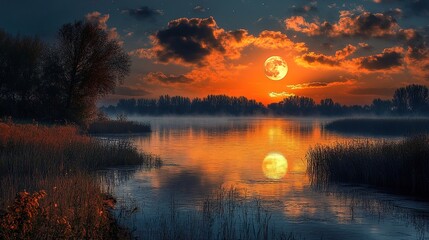 Obraz premium Big mystical moon over the river or like. Once in a Blue Moon.