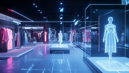 Futuristic Retail Experience with Virtual Fitting Rooms and AI-Generated Avatars, Stylish and Advanced Shopping Environment, Photo Realistic