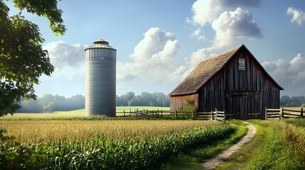 121. **A traditional wooden barn with a silo and fields of corn and wheat.
