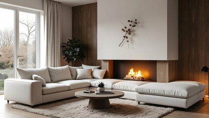 White corner sofa next to the fireplace. Modern living room interior design.