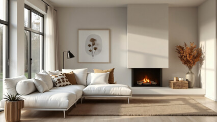 White corner sofa next to the fireplace. Modern living room interior design.