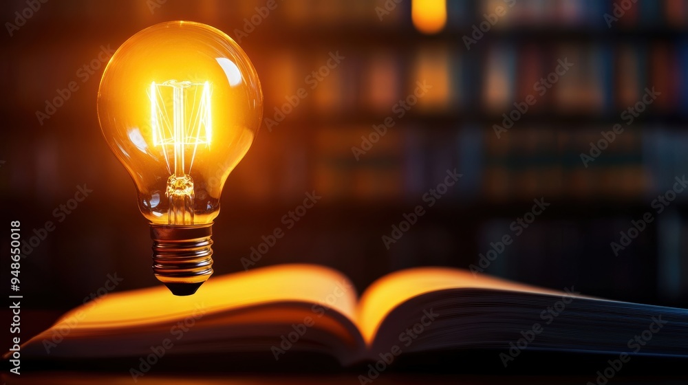 Poster illuminated lightbulb hovering over open book in dimly lit library