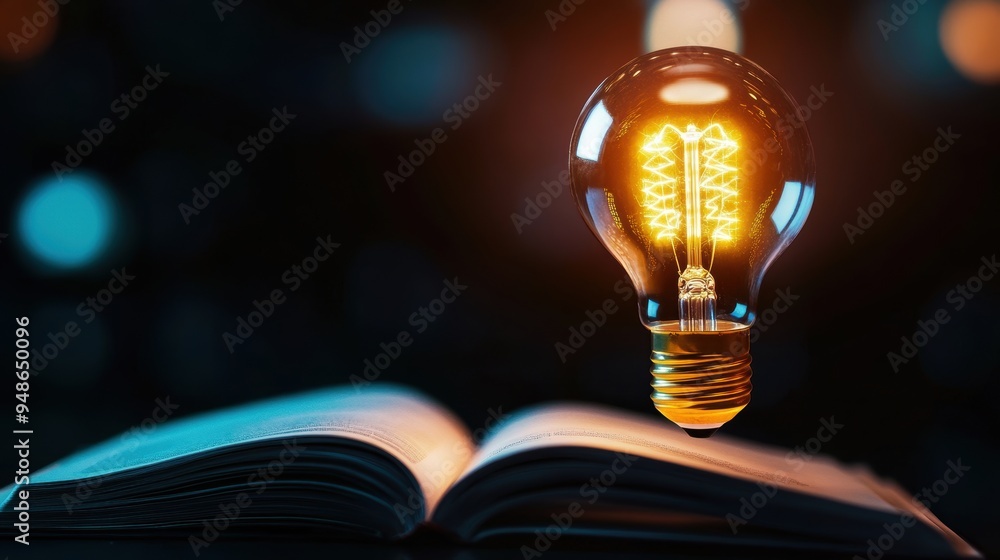 Poster illuminated light bulb hovering over an open book with blurred lights