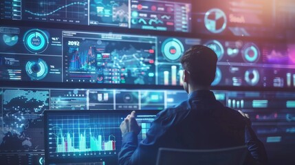 Big data analytics with AI technology. Data analyst analyzing and visualizing complex information network with artificial intelligence. Machine learning algorithm for business analytics and finance.