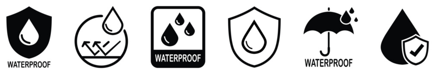 Waterproof icons set. Collection of water resistant signs. Water protection, liquid proof protection. Shield with water drop. Anti wetting material, hydrophobic fabric, surface protection.