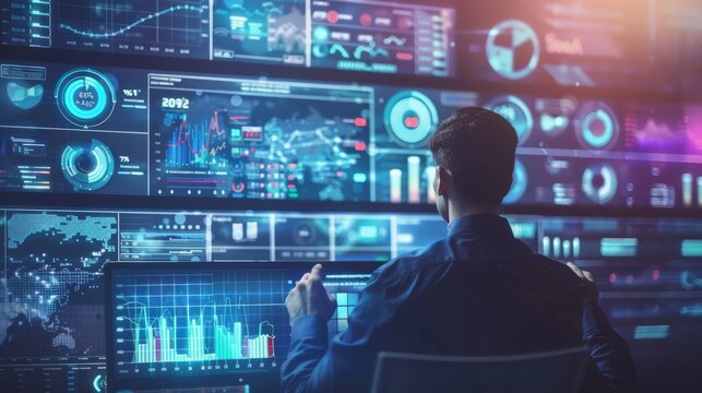 Big data analytics with AI technology. Data analyst analyzing and visualizing complex information network with artificial intelligence. Machine learning algorithm for business analytics and finance.