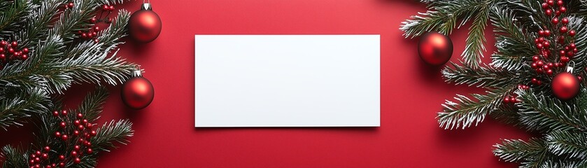 Obraz premium Blank white Christmas card mockup on red background with pine branches