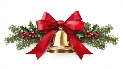 The image depicts a festive Christmas bell adorned with a large, bright red ribbon tied in a bow