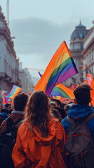 Fototapeta premium Rear view of people in the pride parade. Group of people on the city street with gay rainbow flag.