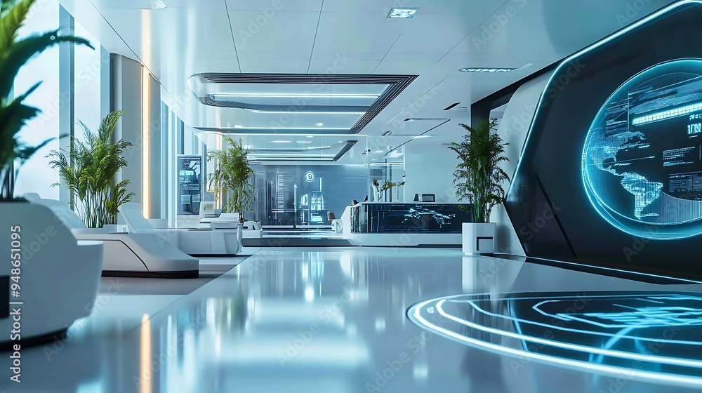 Poster modern business office fully automated with ai systems, robotic assistants, and holographic interfac