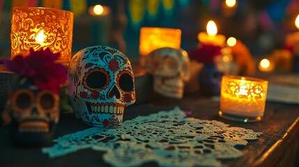 Vibrant DÃ­a de los Muertos Celebration with Colorful Sugar Skulls and Candles