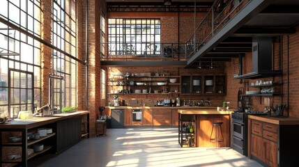 Modern Kitchen Interior with Brick Walls and Industrial Design.