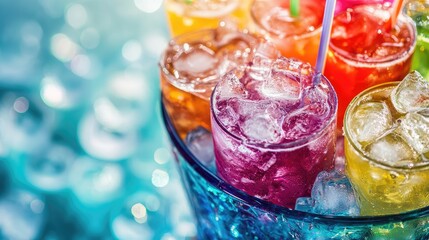 Colorful Cocktails in a Glass with Ice Cubes