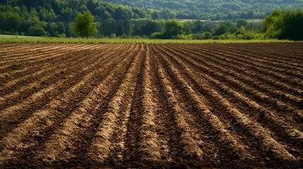 123. **A field of freshly tilled soil ready for planting crops.