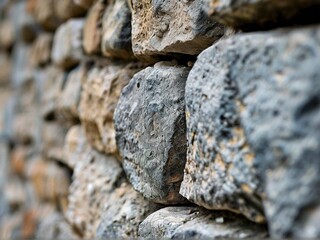 Close-up of a rough stone wall, showing the texture and detail of the stones.