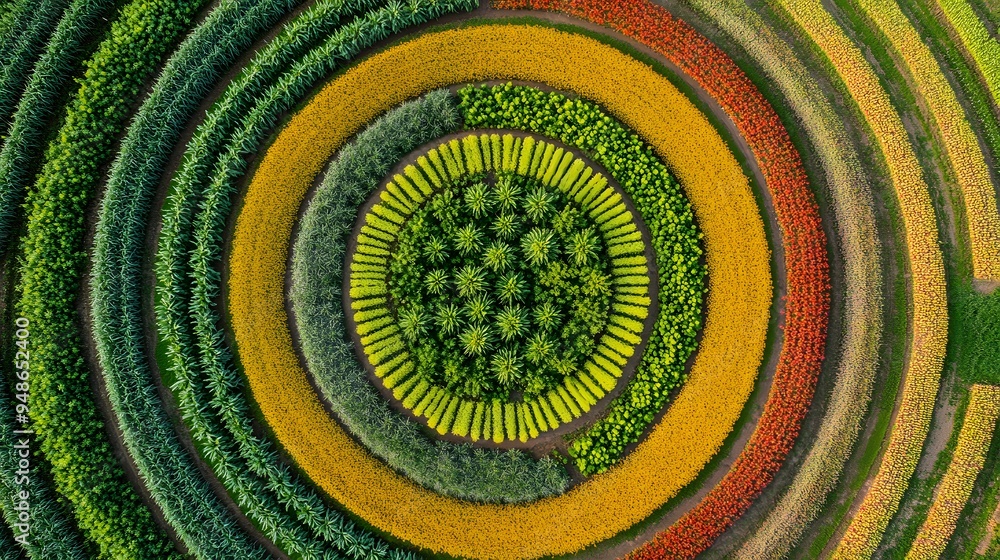 Poster 11. **a drone view of a circular crop field pattern with varying colors of crops.