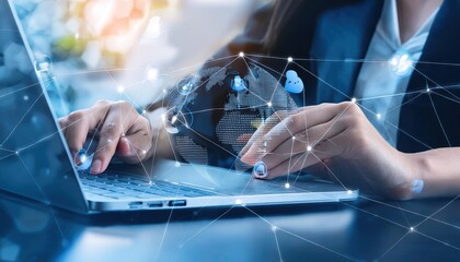 Digital system service, internet technology, worldwide network, software engineer utilizing laptop computer for customer assistance, and technical support customer service concept