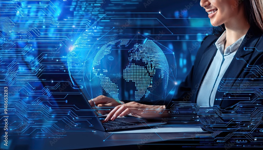 Poster digital system service, internet technology, worldwide network, software engineer utilizing laptop c