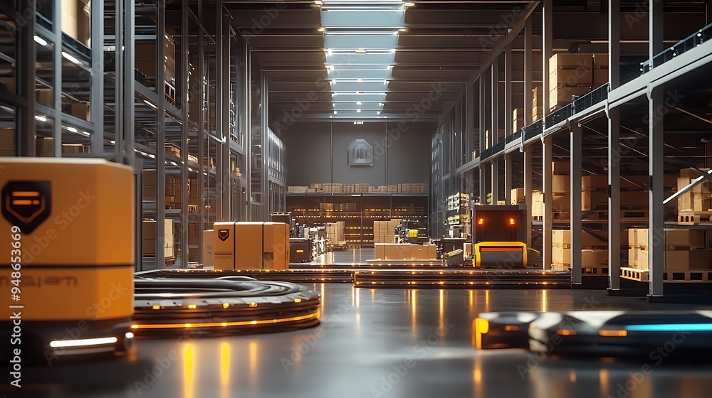 Poster smart warehouse with ai and automation handling logistics, organized and efficient design, futuristi