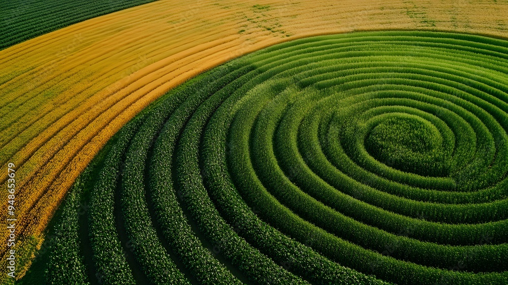 Poster 11. **a drone view of a circular crop field pattern with varying colors of crops.