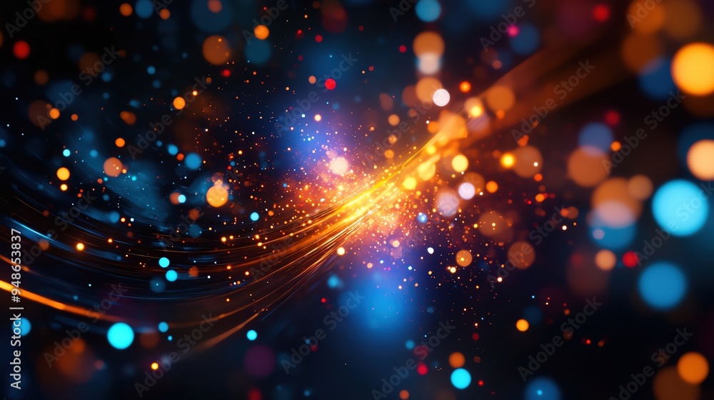 Poster a vibrant abstract image showcasing colorful light trails and sparkling particles against a dark bac