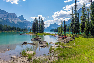 Spirit Island with kayak and excursion boat, Jasper national park, Canada.