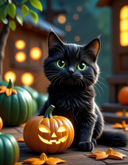 Black Cat with Jack-o'-Lantern on Halloween Night