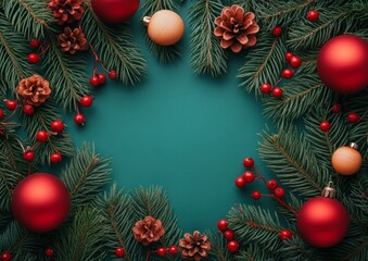 Festive arrangement with fir branches, red and gold ornaments, pine cones, and berries on a teal backdrop, Ideal for holiday promotions, invitations, and seasonal greetings,
