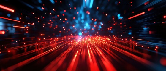 Fototapeta premium A vibrant digital burst of neon red and blue lights, creating a sense of motion and energy in a futuristic environment.