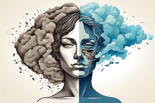 Illustration of woman with clouded brain, Abstract overwhelmed concept, Mental Health