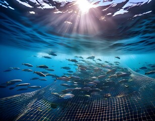Underwater view of fish inside densely populated aquaculture net with distant trawling net under sunlight in clear water


