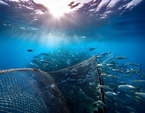 Underwater view of fish inside densely populated aquaculture net with distant trawling net under sunlight in clear water

