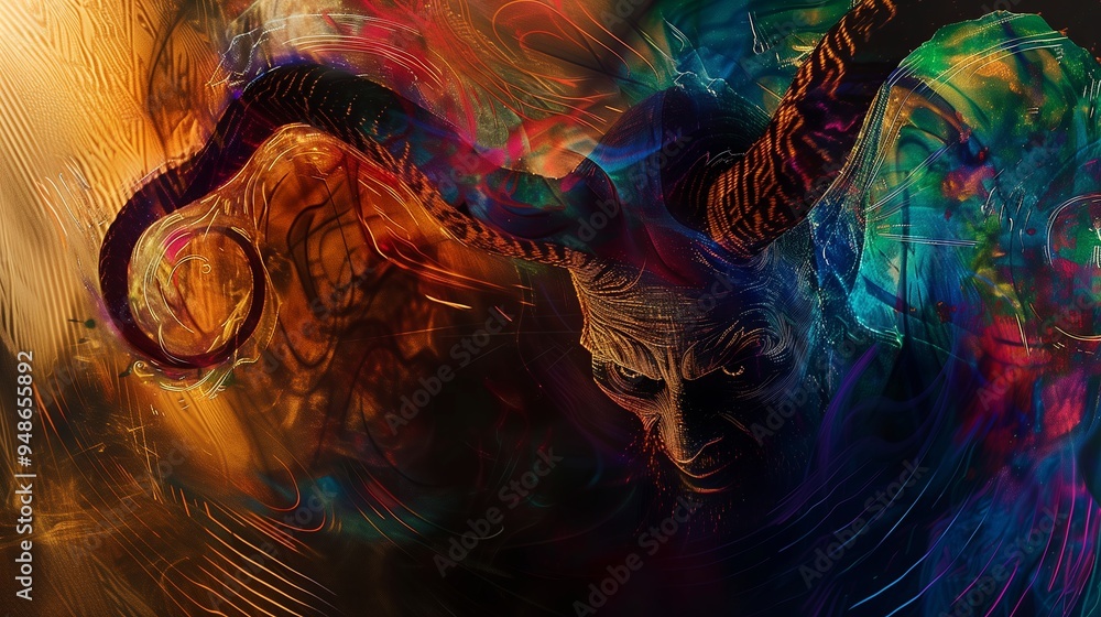 Aufkleber type: artistic , subject: abstract representation of krampus as a swirling mix of dark and vibrant c