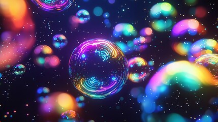 Glowtime design Glowing rainbow-colored bubbles floating in dark space, playful design, joyful and whimsical