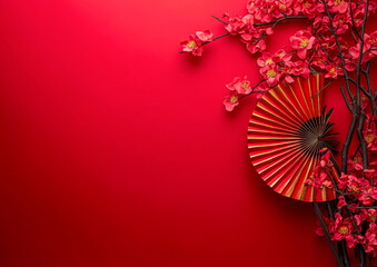 Vibrant red background featuring cherry blossoms and a decorative fan, perfect for themes of Asian culture, elegance, and celebration, Ideal for event invitations, cultural promotions