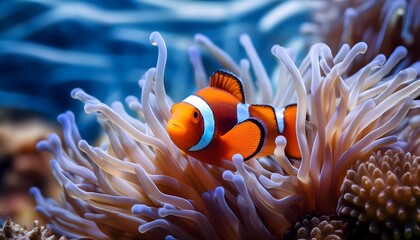Clownfish nestled within the tentacles of a sea anemone, surrounded by the vibrant colors of a coral reef
