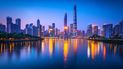 Fototapeta premium Glowtime energy City skyline at dusk with glowing skyscrapers reflecting on a calm river, urban serenity, modern glow