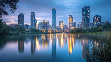 Fototapeta premium Glowtime energy City skyline at dusk with glowing skyscrapers reflecting on a calm river, urban serenity, modern glow