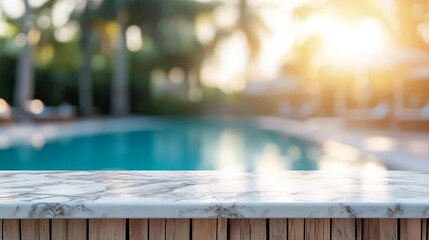 Fototapeta premium Marble surface with blurred background of a sunlit swimming pool, premium resort ambiance, refreshing, relaxed
