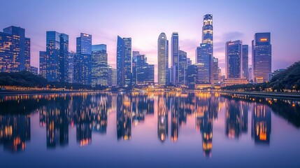 Fototapeta premium Glowtime energy City skyline at dusk with glowing skyscrapers reflecting on a calm river, urban serenity, modern glow
