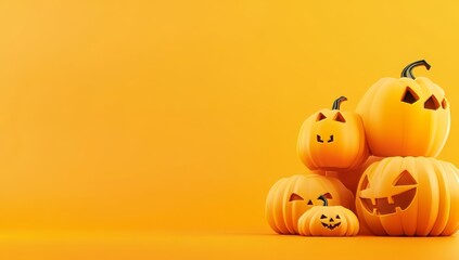 Several pumpkins with a smile and a scared face on a bright orange background. Halloween. Copy space for text. 3D render.