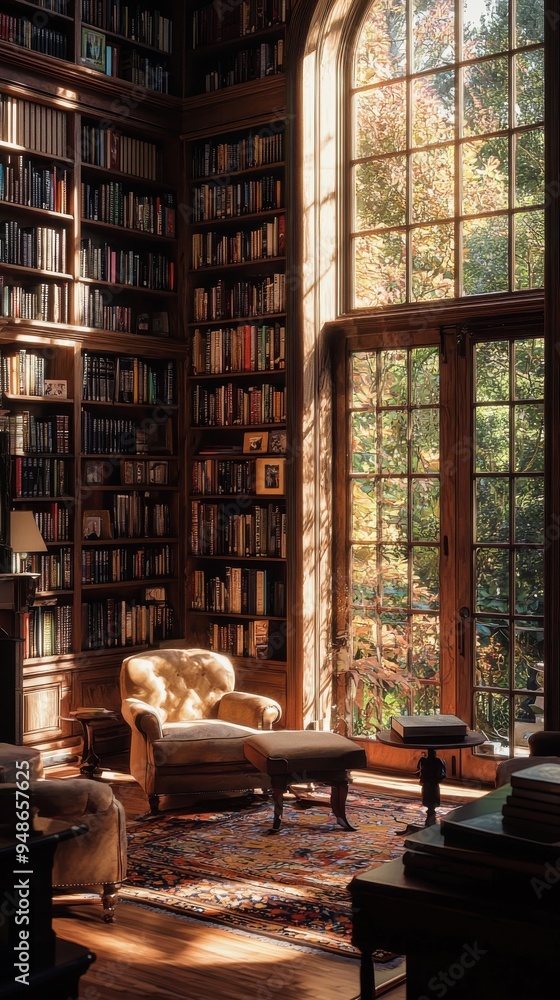 Poster softly lit library, with books arranged in neat rows, creating a sense of order and calm